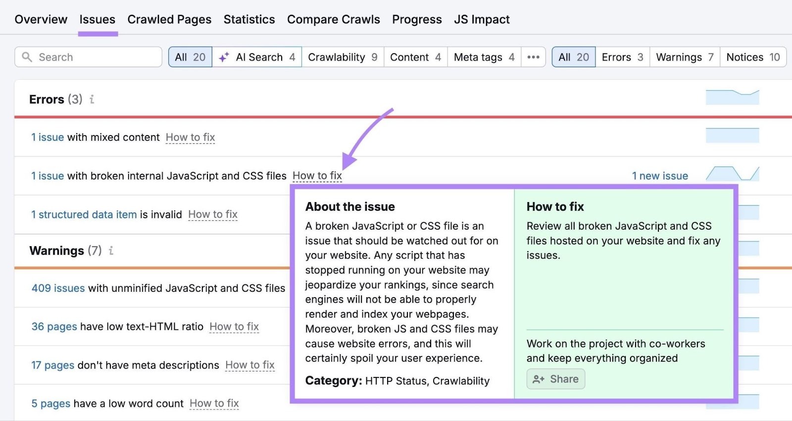 Site Audit Issues with "How to fix" clicked next to an error showing more information about how to fix the issue.